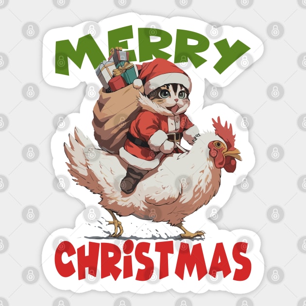 Merry Christmas - 2, Funny Cute Cat on a Chicken Sticker by Megadorim